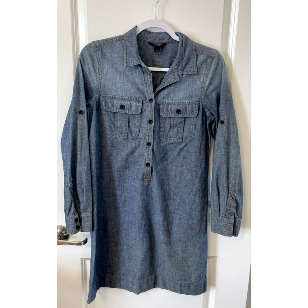 JCrew Shirt Dress Womens XS Chambray Denim Roll Tab Sleeve Button Casual pockets
